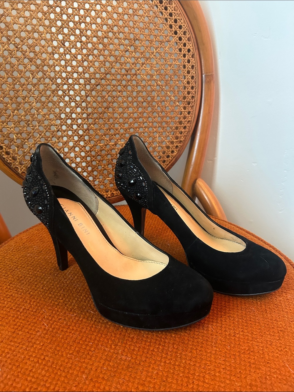 Gianni Bini Black Suede Jeweled Platform Pumps
